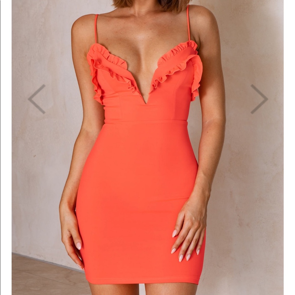 Selfie Leslie Dreamers Deep V Frill-Trimmed Bust Dress Tangerine